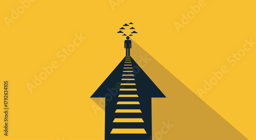 Determined silhouette stands tall on arrow path, aiming for distant clouds, symbolizing ambition and future success
