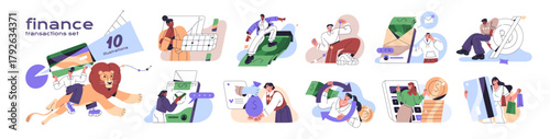Finance transactions concept set. Payment by credit card, investment in online banking app, currency exchange, cash withdraw, transfers. Financial literacy. Flat isolated vector illustrations on white