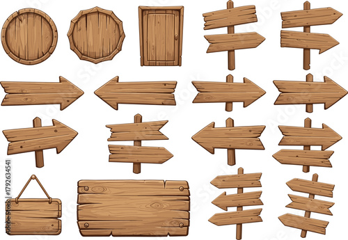 Wooden sign collection, rustic boards, arrow signs, cartoon style, direction markers, game asset, vintage texture, post-mounted signage, illustration