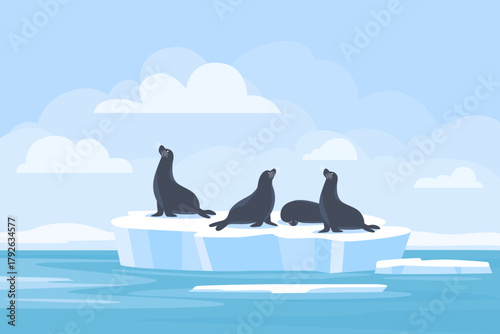 Seals on an ice floe with icebergs in the background. Vector illustration of seals of the Arctic fauna. Seals swimming on an ice floe. Winter landscape of Antarctica.