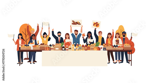 Diverse group of smiling people proudly displaying fresh produce and baked goods at a vibrant community market event