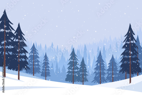 Beautiful winter landscape of a coniferous forest in snowy weather. Winter forest with falling snow. Christmas winter nature landscape for background. Vector illustration.