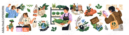 Ecology concept set. Eco friendly people care about environment and save nature. Recycle, waste sorting, conscious consumption of water and energy. Flat isolated drawing vector illustrations on white.