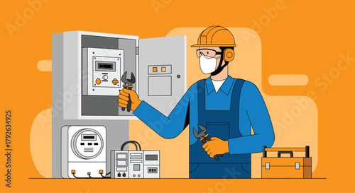 Dedicated electrician in protective gear diligently repairs electrical panel with tools for safe system maintenance