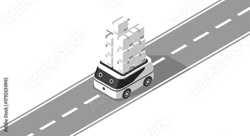Autonomous delivery robot efficiently transports stacked packages along a modern road, showcasing future logistics
