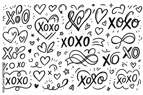 Hand-drawn doodle vector collection of XOXO symbols, created in a fun, sketchy doodle style, isolated on white background

