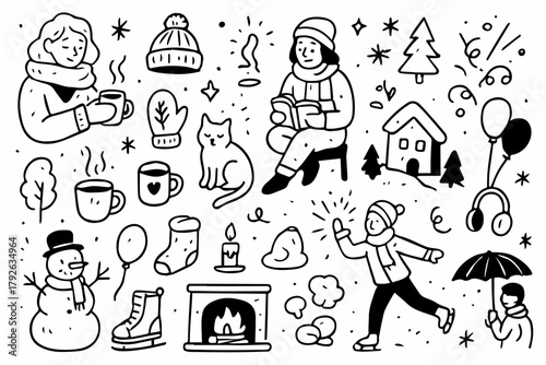 Hand-drawn doodle vector collection of winter and cozy moments, created in a fun, sketchy ink-pen doodle style, isolated on white background
