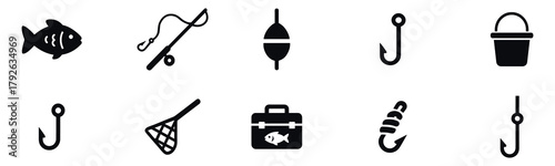 Fishing icon set. Fishing gear icons. Solid style icons of fishing gear and methods: fishing pole with hook, net icon, bait bucket, tackle box, fish. Vector Illustration.