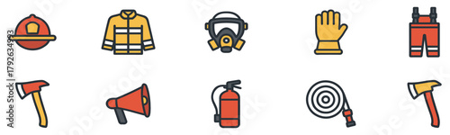 Firefighting icon set: essential tools and equipment. Vector Illustration.