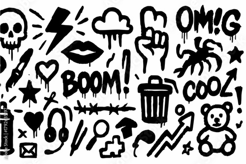 Hand-drawn graffiti black vector set, created in a bold, sketchy, street-art doodle style with solid black spray a