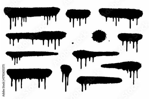 Graffiti drip vector collection featuring black spray-paint drips, splatters, and splashes, created in a bold street-art doodle style, isolated on white background
