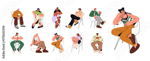 Set of people sitting on chairs in different poses. Happy men and women relax in armchairs. Diverse girls and boys reading books, drinking coffee on seats. Flat isolated vector illustrations on white.