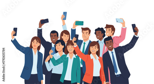 Smiling diverse business professionals capturing a joyful group selfie moment with smartphones, celebrating teamwork and connection