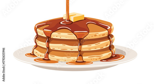 Indulgent stack of fluffy golden pancakes generously drizzled with warm maple syrup and topped with butter