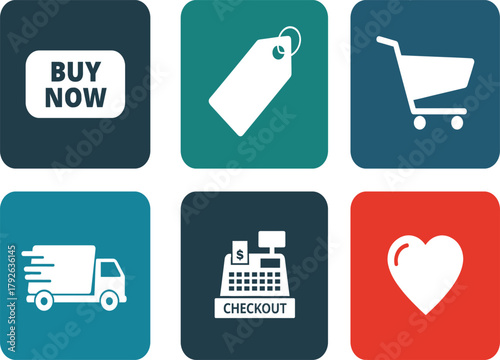E-commerce icons set, buy now price tag cart delivery checkout heart symbols, white glyphs on colorful squares, UI design