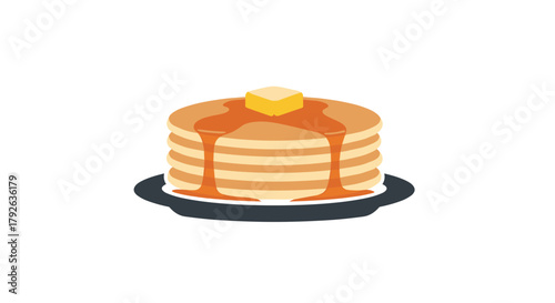 A decadent stack of fluffy pancakes drizzled with golden syrup and topped with a melting pat of butter, perfect for a delicious breakfast