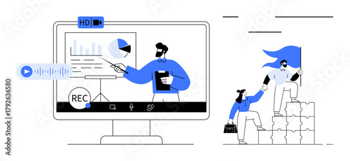 Man delivering virtual presentation on screen with graphs and recording tools, team helping each other climb blocks. Ideal for teamwork, leadership, remote work, education, motivation, support