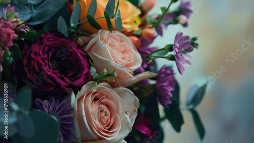 A bouquet of flowers with pink and purple flowers. There are also some yellow flowers. The flowers are arranged in a vase
