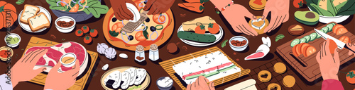 Friends cook meals on kitchen worktop together. Human hands are cooking food: make pizza and sushi, baking, cut vegetables on chopping board. Chefs prepare eating top view. Flat vector illustration.