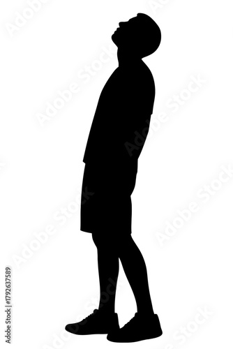 Silhouette man shorts looking up standing profile isolated on white background