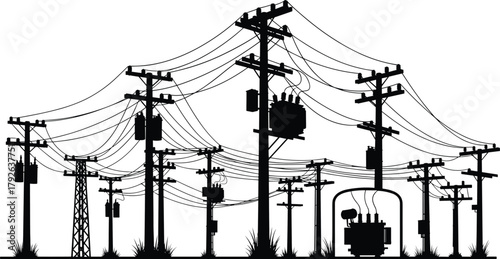 Silhouette vector illustration of utility poles and transmission tower with transformers—electrical grid infrastructure, voltage system, energy distribution network layout