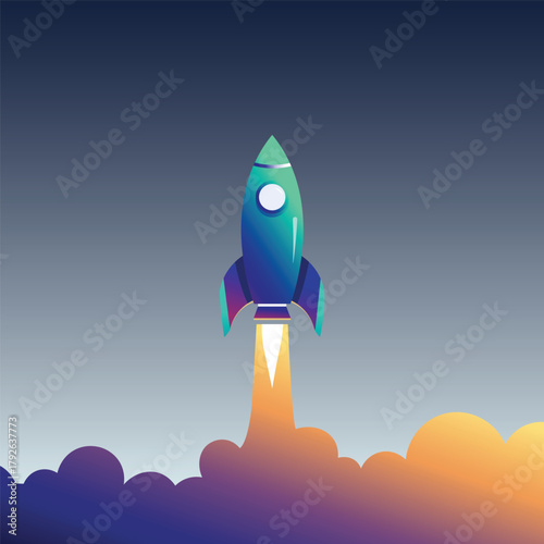 Rocket launching into sky, vibrant smoke plume, business startup