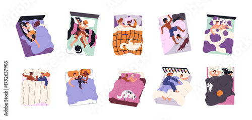 People sleeping set. Asleep family and baby hug, lying under blanket on pillow. Diverse men and women nap, slumber, have a rest in bed at night. Flat isolated vector illustrations on white background.