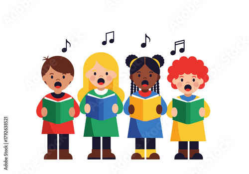 Children singing carols in colorful outfits with music notes above  