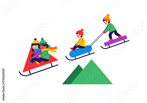 Children sledding downhill in winter with a festive Christmas theme  