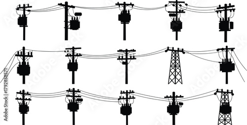 Silhouette vector illustration of utility poles and transmission towers—electrical grid infrastructure, transformer setup, voltage system, energy distribution network layout