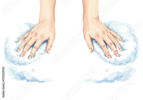 Hands clearing artificial snow on white background for Christmas theme  