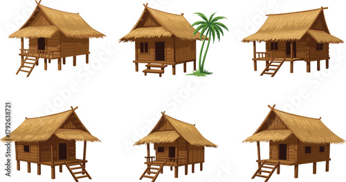 Traditional wooden huts with thatched roofs on stilts, vector illustration for tropical housing, rural lifestyle, and cultural architecture concept