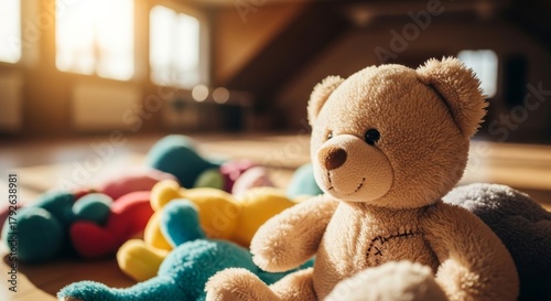 A cute teddy bear is sitting in the sunlight, surrounded by colorful toys.
