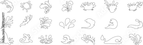 Minimal line art water splash vector collection. Clean outline droplets, waves, and splatter icons for design, logo, or pattern use. Perfect for eco, fluid, and creative projects.