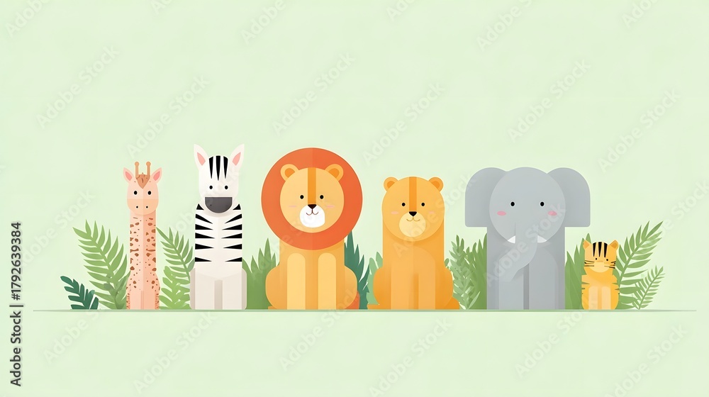 Obraz premium A charming flat graphic illust n featuring a collection of stylized cartoon animals including a giraffe zebra lion lioness elephant and tiger cub set against a soft green background with foliage