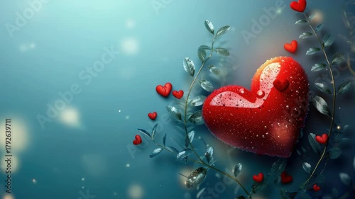 A red heart with a bunch of other hearts surrounding it. The heart is on a blue background