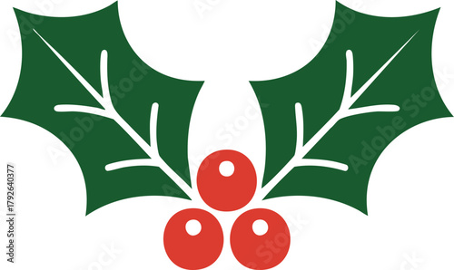 Stylized Christmas Holly with Berries Icon, Simple Holly Leaf and Berry Graphic, Traditional Green and Red Christmas Symbol, Flat Design Holly Sprig.
