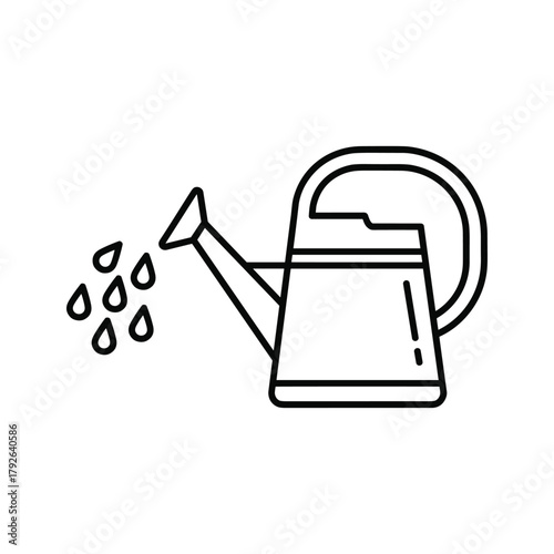 Watering can with water pouring out, line art icon