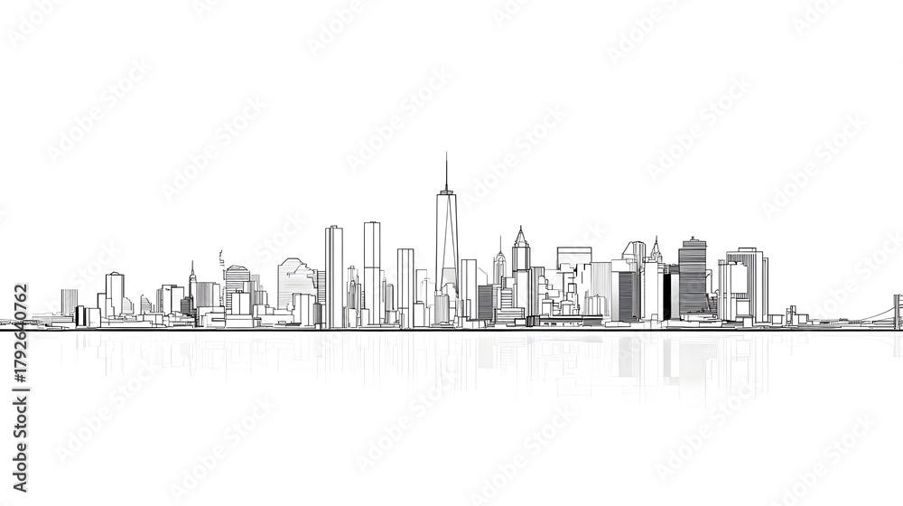 Obraz premium Line art depicts a sprawling urban skyline with diverse architectural styles and prominent skyscrapers showing reflections on water rendered in minimalist black and white graphic style