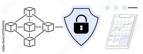 Blockchain nodes linking to a padlock shield symbolizing cybersecurity, accompanied by a clipboard with data charts. Ideal for technology, security, analytics, blockchain, finance, risk management