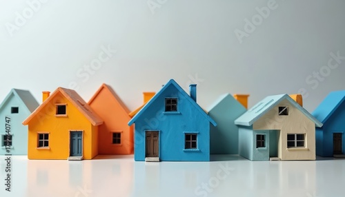 Fototapeta Naklejka Na Ścianę i Meble -  Collection of small colorful toy houses in a row. Buildings show different architectural styles and colors. Small homes stand close together on a white surface.