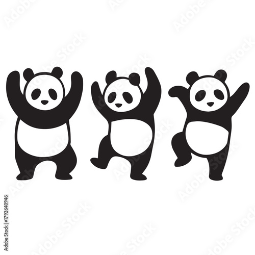 Three cartoon pandas in black and white, each striking playful and dynamic poses with raised arms and dancing gestures.