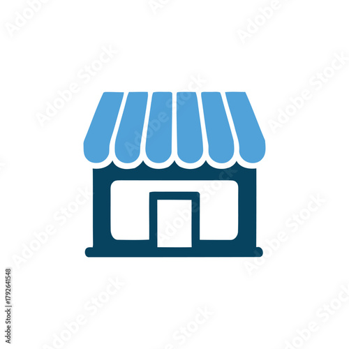 Simple blue and white graphic icon representing a small shop or store with a striped awning and doorway