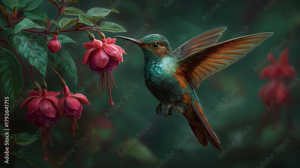 Fototapeta premium Vibrant starfrontlet hummingbird with emerald and bronze colors feeding on fuchsia flowers in misty Andean cloud forest