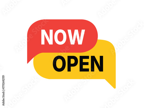 Now open sign in speech bubbles