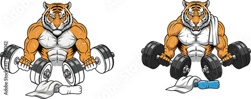Muscular cartoon tiger lifting weights in gym attire