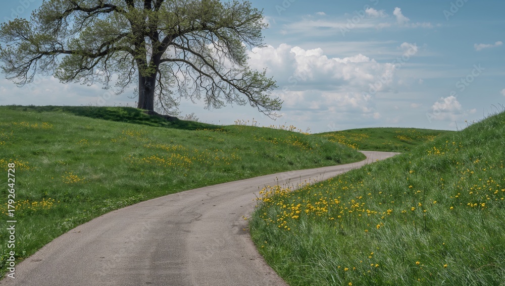Fototapeta premium Serene Landscape with Winding Path, Grassy Hills, and a Majestic, Sprawling Tree.