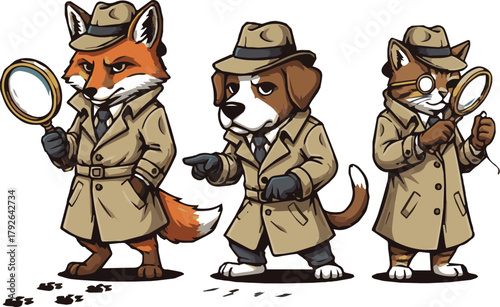 Three animal detectives in trench coats investigating a mystery