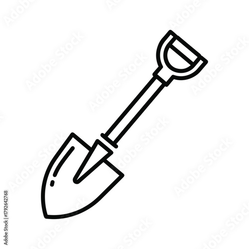 Black and white outline icon of a shovel