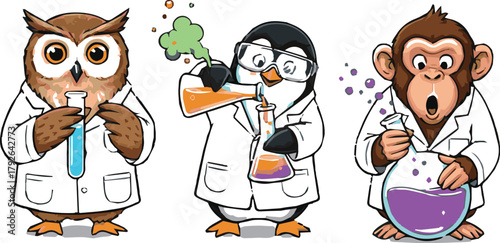Cute cartoon owl penguin and monkey in lab coats conducting science experiments